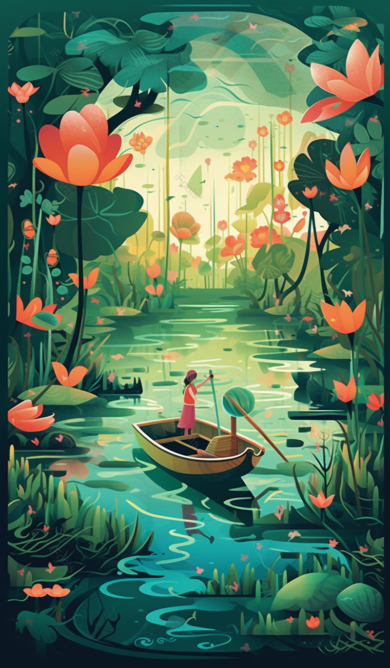 绿色荷叶盛开的荷花划船,清新插画,插画/手绘图,插画/手绘图库,插画/手绘图下载,插画/手绘